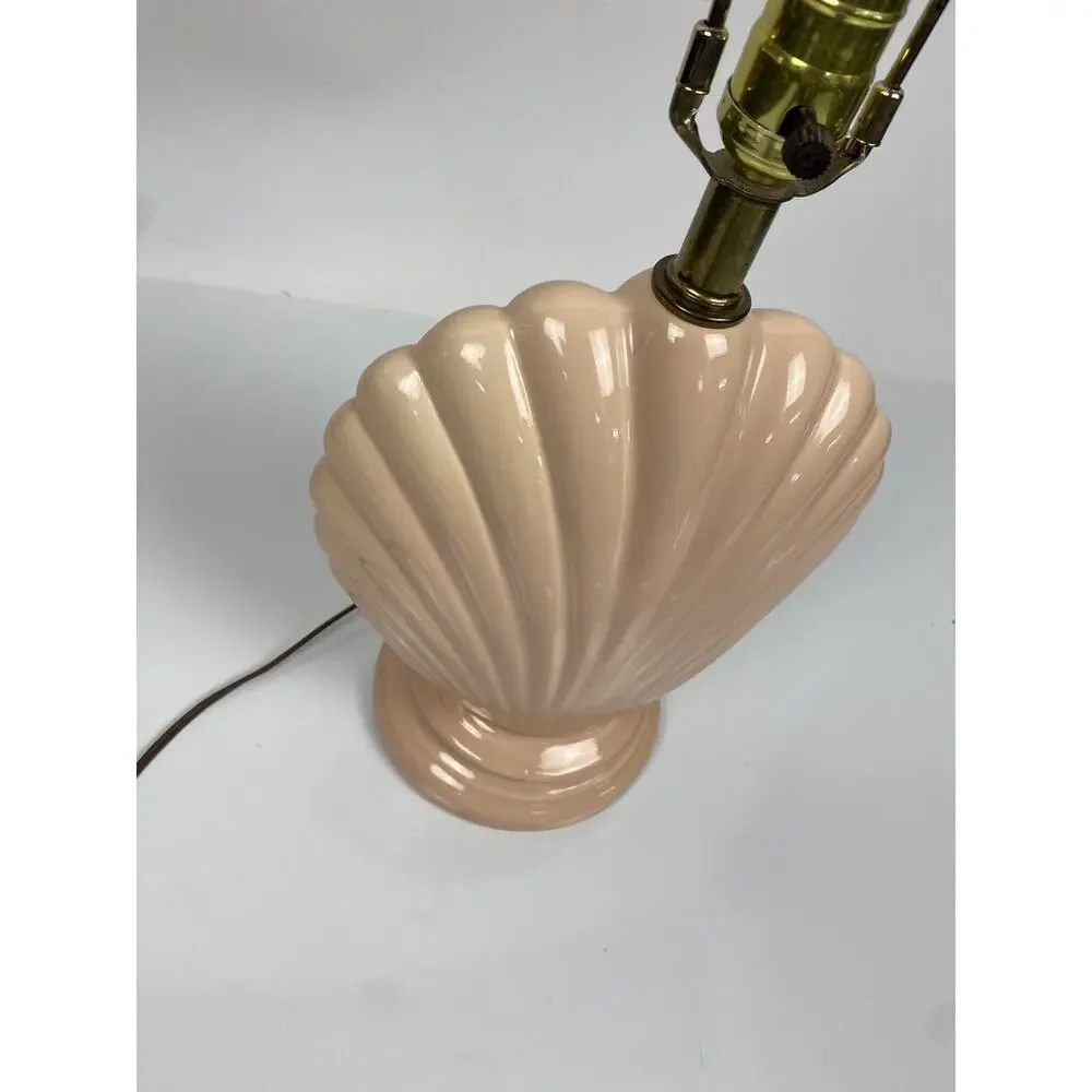 Vtg Hollywood Regency Art Deco Ceramic Clam Shell Lamp MCM Beach Peach Pink - Picture 2 of 10